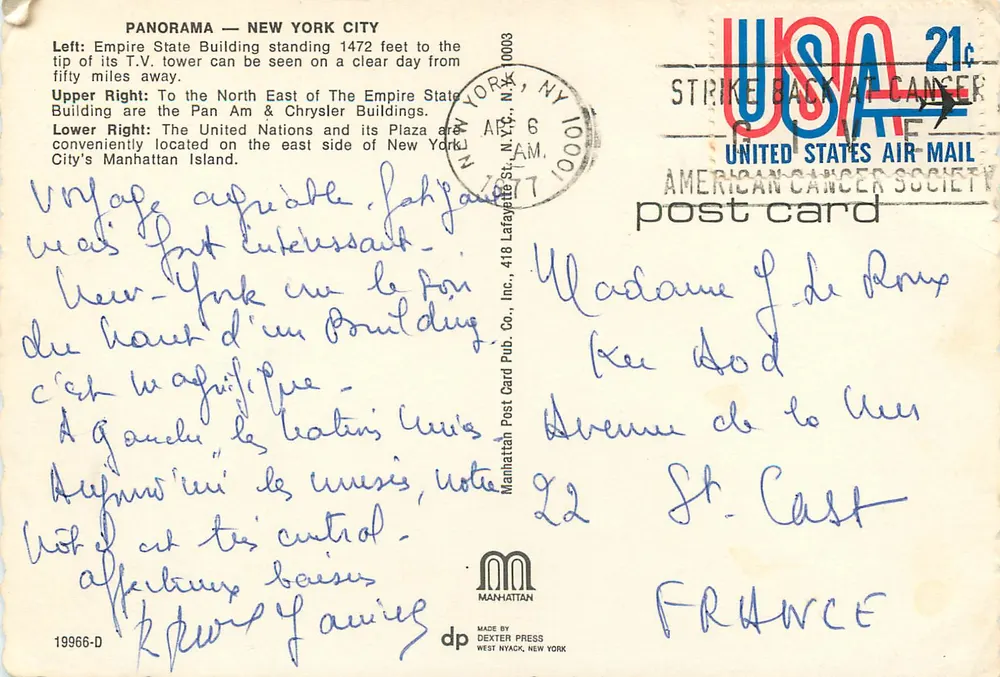 Nova York — Panorama — editor Manhattan Post Card Pub. Co., Inc. n° 19966-D - Verso