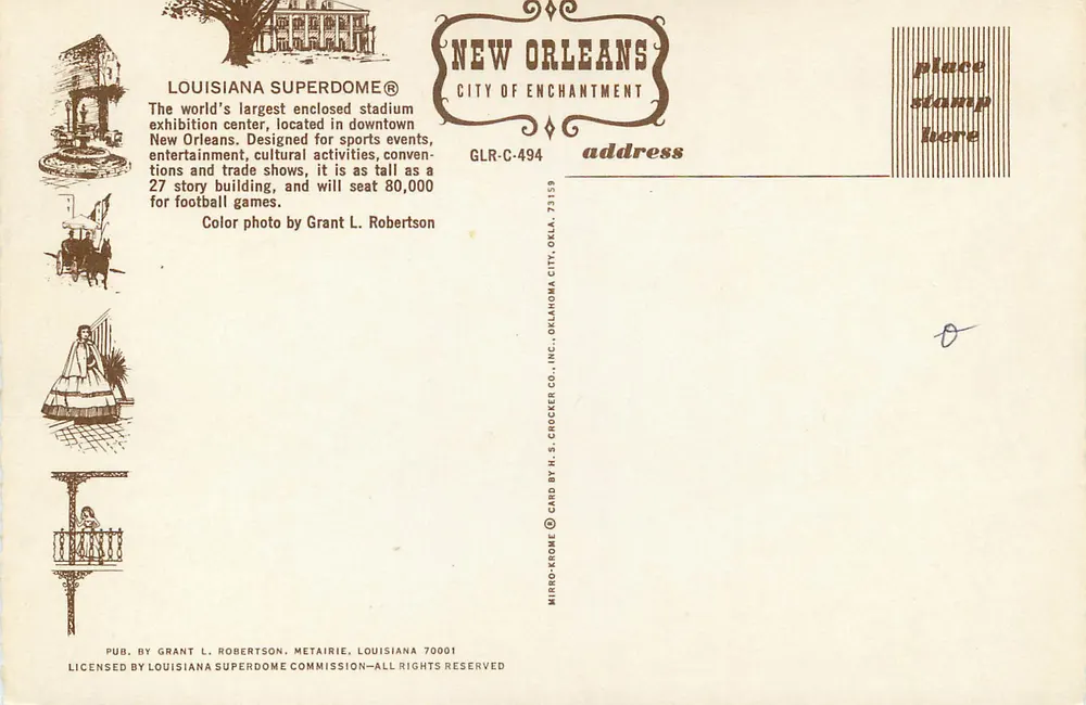 Louisiana Superdome — Nova Orleans — H.S. Crocker Co. GLR-C-494 - Verso