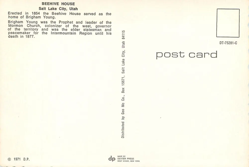 A Beehive House, casa de Brigham Young — Salt Lake City, Utah — editor Dexter Press, n° DT-75281-C - Verso