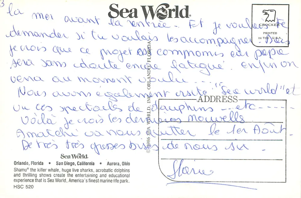 Sea World — Vorstellungen mit Orcas, Delphinen und Akrobaten — Verlag Crocker, Nr. HSC 520 - Rückseite