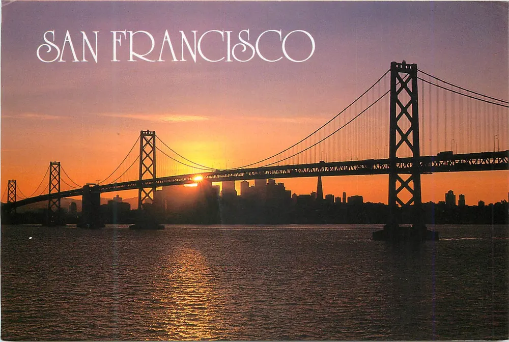 San Francisco — pôr do sol sobre o ponte do Oakland Bay Bridge — Smith Novelty Co. n° E-60 - Frente