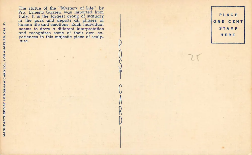 Forest Lawn Memorial Park — 'The Mystery of Life' — Longshaw Card Co. - Verso