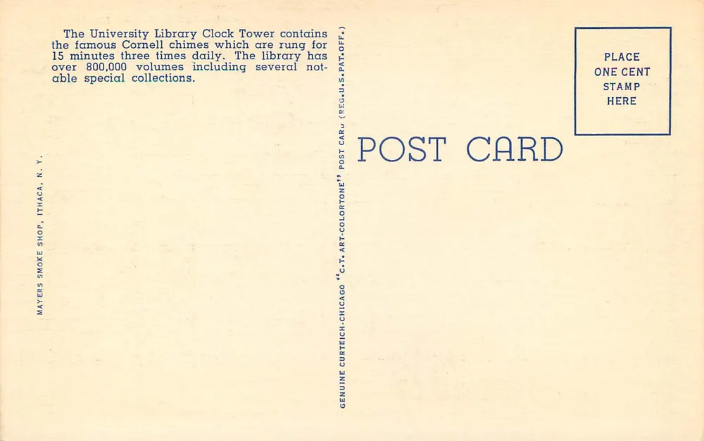 Boardman Hall e a Biblioteca, Universidade de Cornell, Ithaca, N.Y. — editor C.T. Art-Colortone, n° 4A-HI547 - Verso