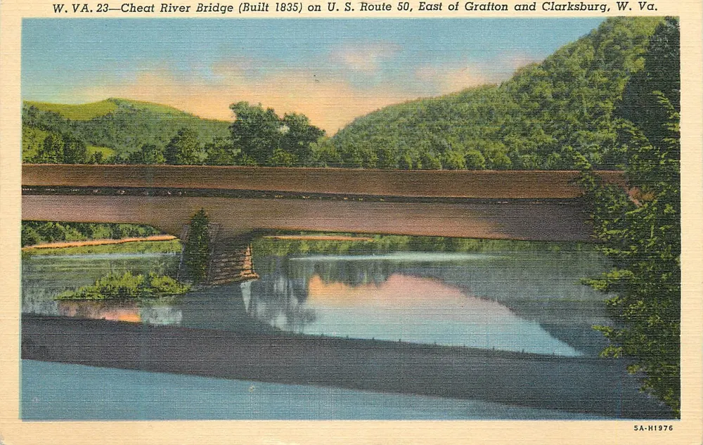 W.VA.23—Ponte do Rio Cheat (Construído em 1835) na Rodovia dos EUA 50, a leste de Grafton e Clarksburg, W. Va. - Frente