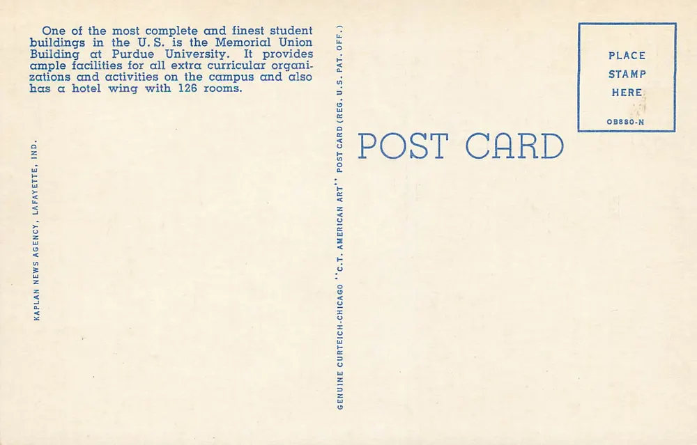 Memorial Union Building — Purdue University, Lafayette, Ind. — Kaplan News Agency, Chicago - Verso