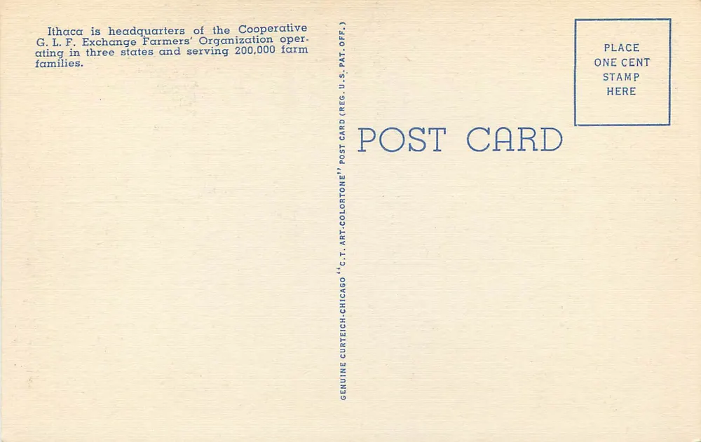 Sitz der Genossenschaft G. L. F. Exchange, Ithaca, N.Y. — Verlag C.T. Art-Colortone, Nr. 4B-H1155 - Rückseite