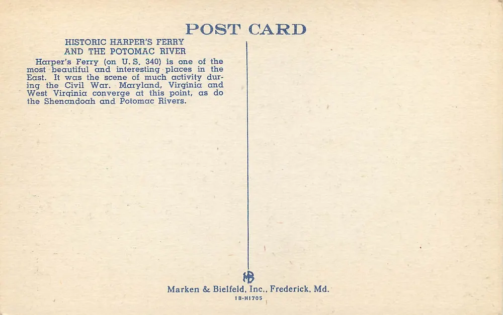 Historisches Harper's Ferry und der Potomac River — Marken & Bielfeld, Inc. Nr. 1B-H1705 - Rückseite