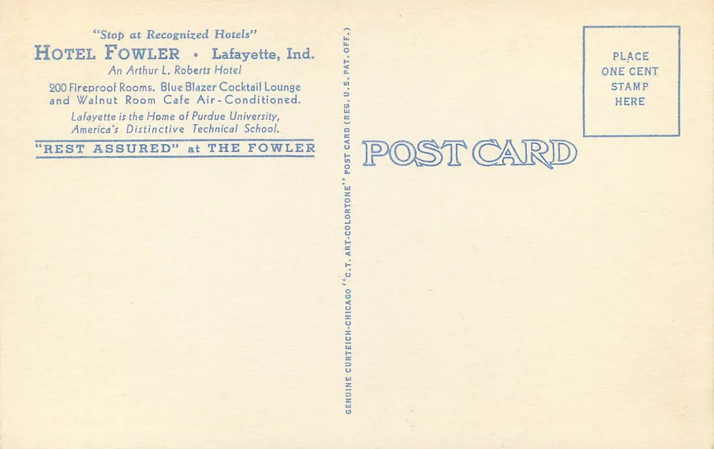 Hotel Fowler — Lafayette, Indiana — Arthur L. Roberts Hotel - Verso