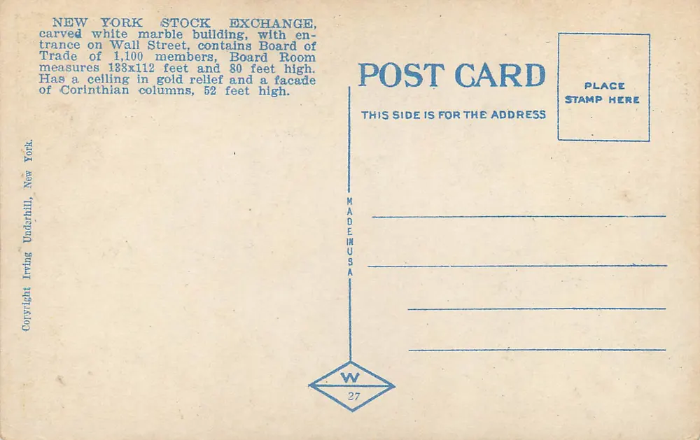New York Stock Exchange, New York City — Verlag Irving Underhill, Nr. 27 - Rückseite