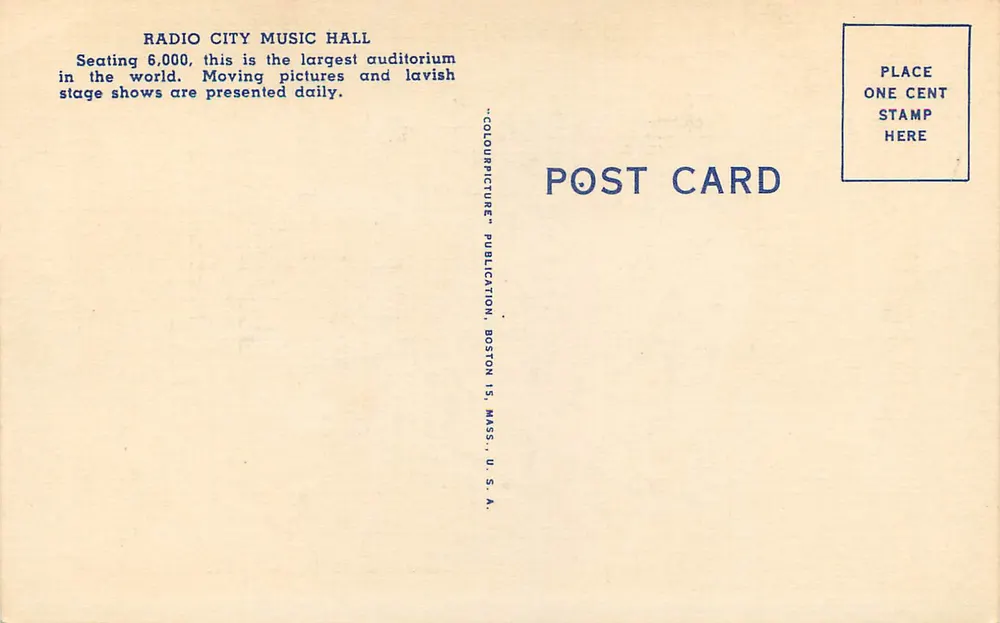 Radio City Music Hall — New York City — Colourpicture Publication, Boston - Rückseite