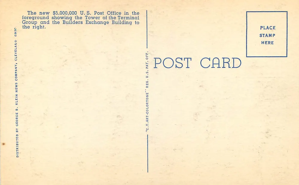 Neues U.S. Post Office und Terminal Tower, Cleveland, Ohio — C-36 — Verlag Klein R. News Company, n° 4A-H981 - Rückseite