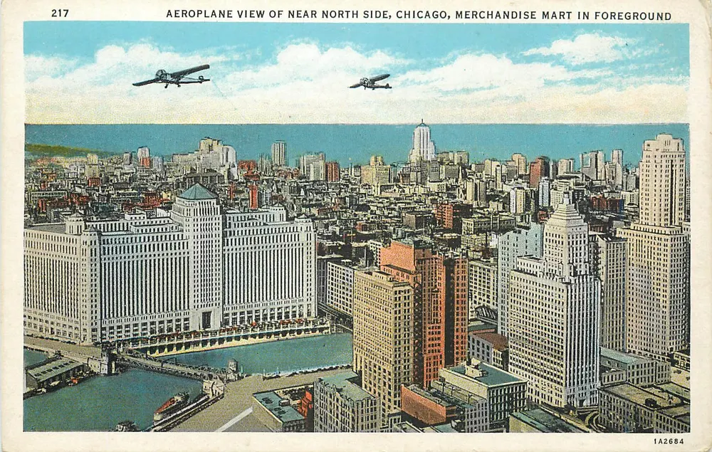Luftbild des Nordwestens von Chicago — Merchandise Market im Vordergrund — C.T. American Art Colored - Vorderseite
