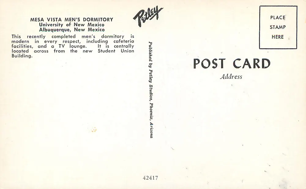 Mesa Vista Men's Dormitory — University of New Mexico, Albuquerque, New Mexico — Publié par Petley Studios, Phoenix, Arizona, n° 42417 - Verso