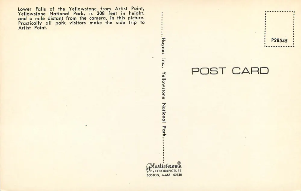 Untere Fälle von Yellowstone — Aussicht von Artist Point — Verlag Haynes Inc. Nr. P28545 - Rückseite