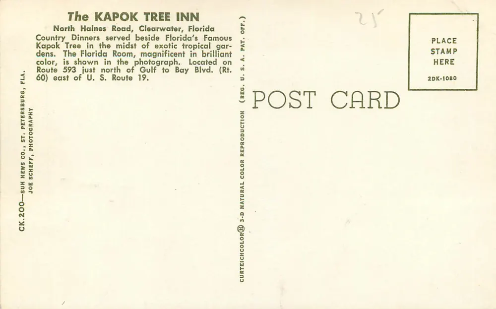 Le Kapok Tree Inn — Clearwater, Florida — Verlag CK.200-SUN NEWS CO. ST. PETERSBURG, FLA. - Rückseite