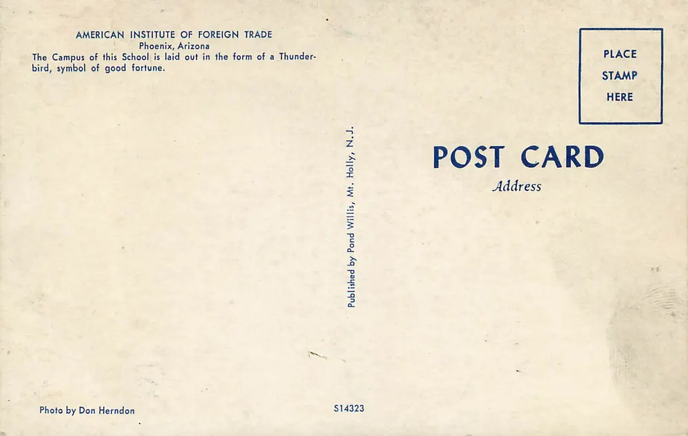 Campus des American Institute of Foreign Trade — Phoenix, Arizona — Verlag: Pond Willis, Mt. Holly, N.J. - Rückseite
