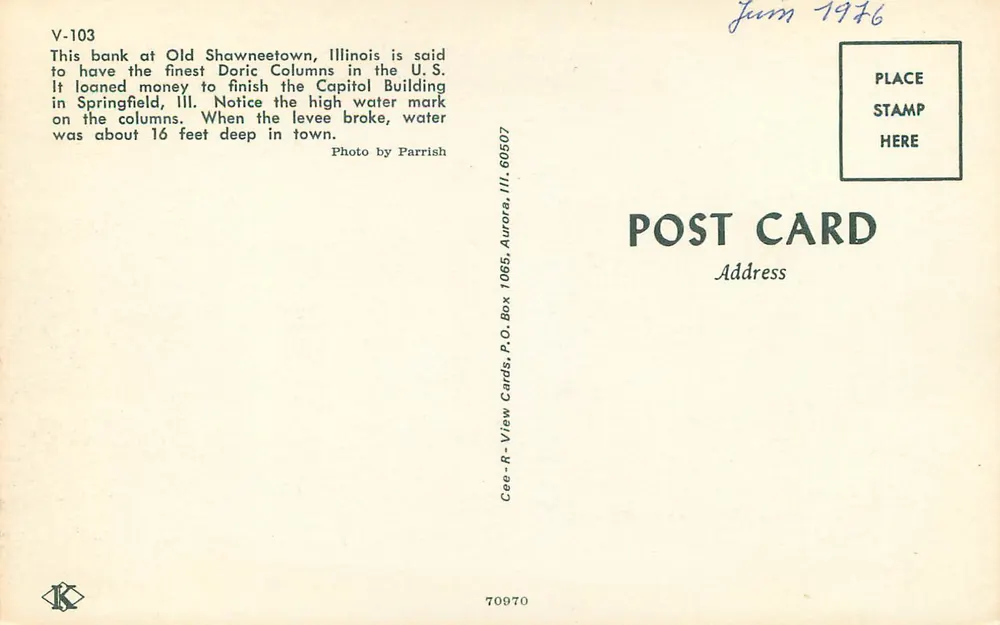 Old Shawneetown — Antigo prédio bancário — Cee-R-V View Cards, P.O. Box 1065, Aurora, III - Verso