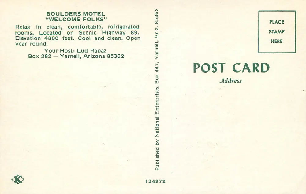 Boulders Motel — Yarnell, Arizona — Wydane przez National Enterprises - Rewers