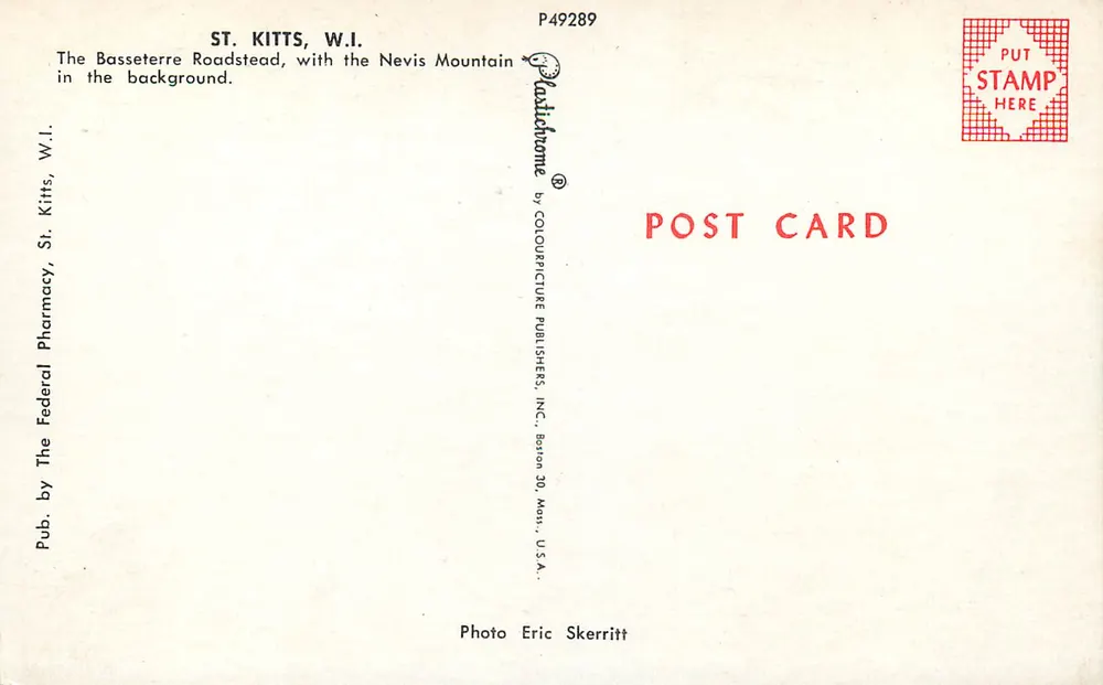 Basseterre Roadstead — Nevis Mountain im Hintergrund — Verlag: Colourpicture Publishers, Inc. Boston 30, Mass. U.S.A. Nr. P49289 - Rückseite