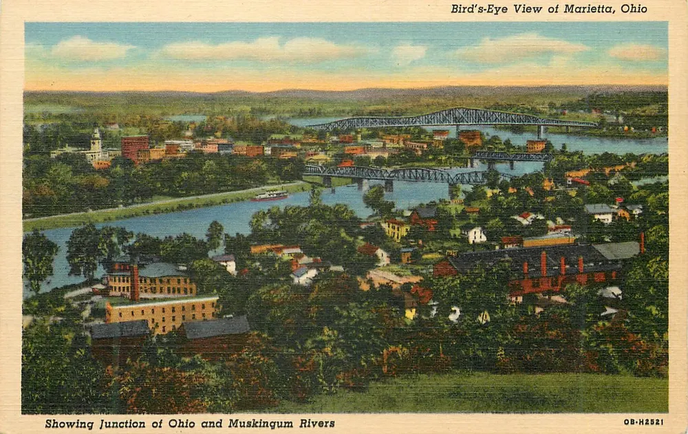 Marietta, Ohio — Luftbild der Mündung der Flüsse Ohio und Muskingum — Verlag C.T. Art-Color Tone, n° OB-H2521 - Vorderseite
