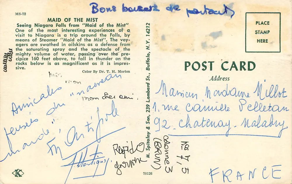 Cascata do Niagara — vista do barco 'Maid of the Mist' — editor Mi. Spitalny & Son, n° MS-72 - Verso
