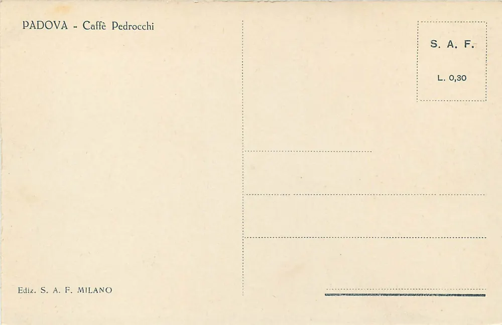 Plaza del Pueblo en Padua — editor S.A.F. Milán - Reverso