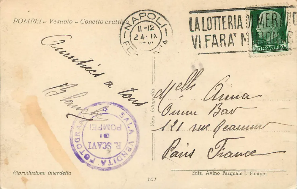 Pompei - Vesúvio - Coneto eruptivo — R. Scavi, n° 101 - Verso