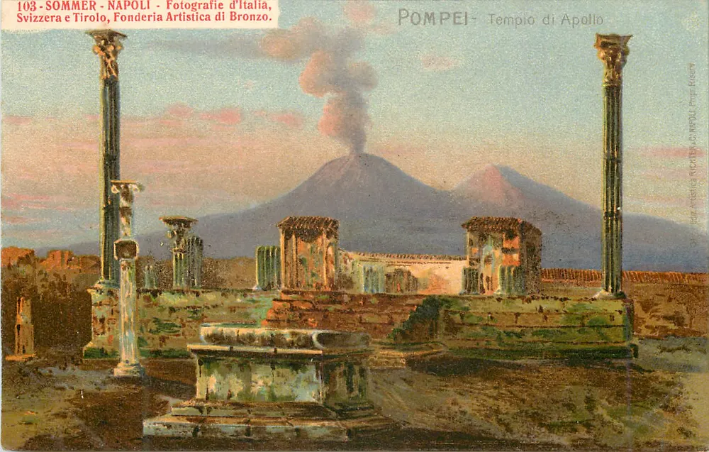 Pompei - Temple d'Apollon — vue avec le Vésuve en arrière-plan — Sommer - Napoli, Fonderia Artistica di Bronzo, n° 103 - Recto