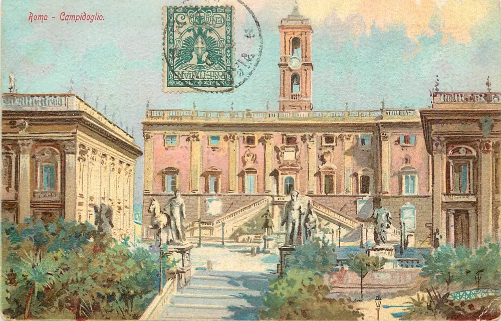 Roma - Campidoglio — Campidoglio'nun palas ve heykelleri görünümü — bilinmeyen yazar, seri numarası görünmüyor - Ön yüz