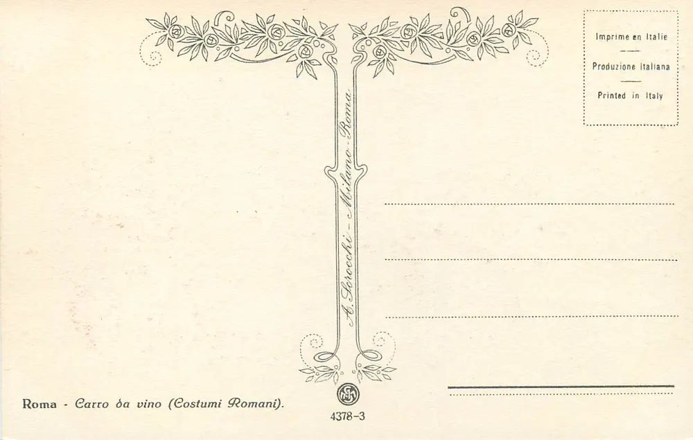 Roma - Carro da vino (Costumi Romani) — A. Borocchi, n° 4378-3 - Verso