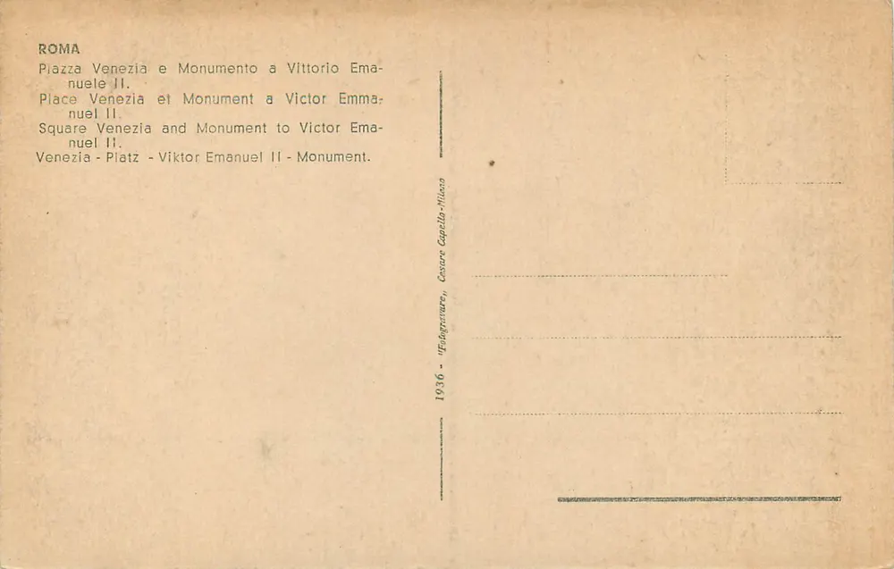 Rom - Piazza Venezia und Denkmal für Vittorio Emanuele II — Verlag 'Fotografiate' Mailand, Seriennummer nicht sichtbar - Rückseite