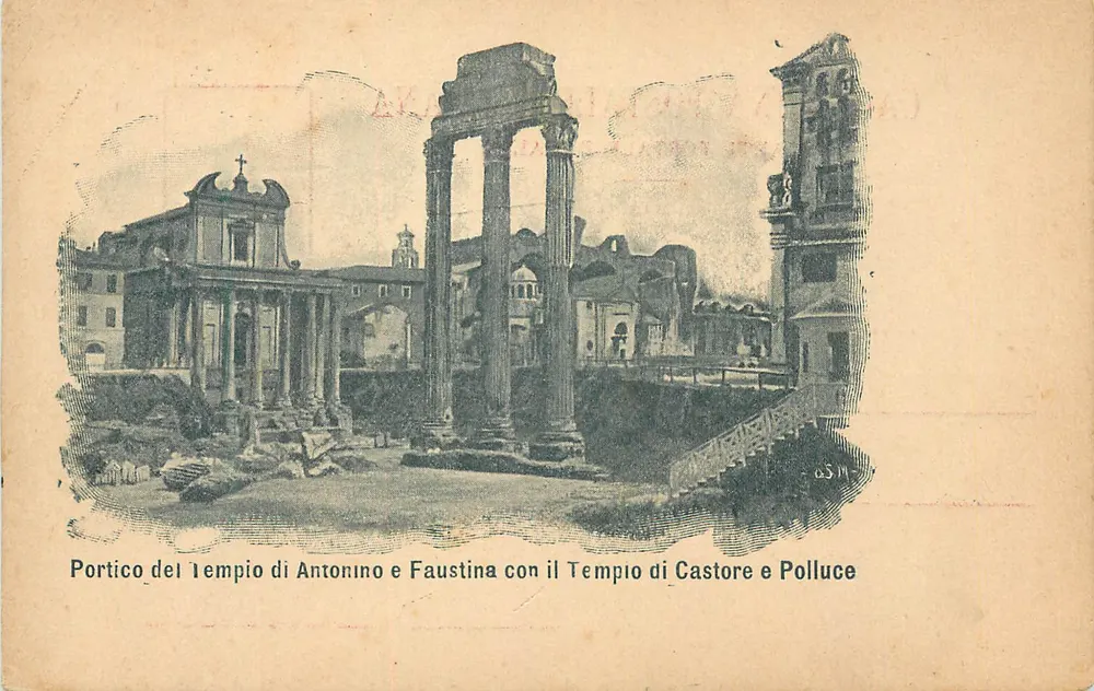 Portico du temple d'Antonin et Faustine avec le temple de Castor et Pollux — Rome — éditeur A.S.M. - Recto