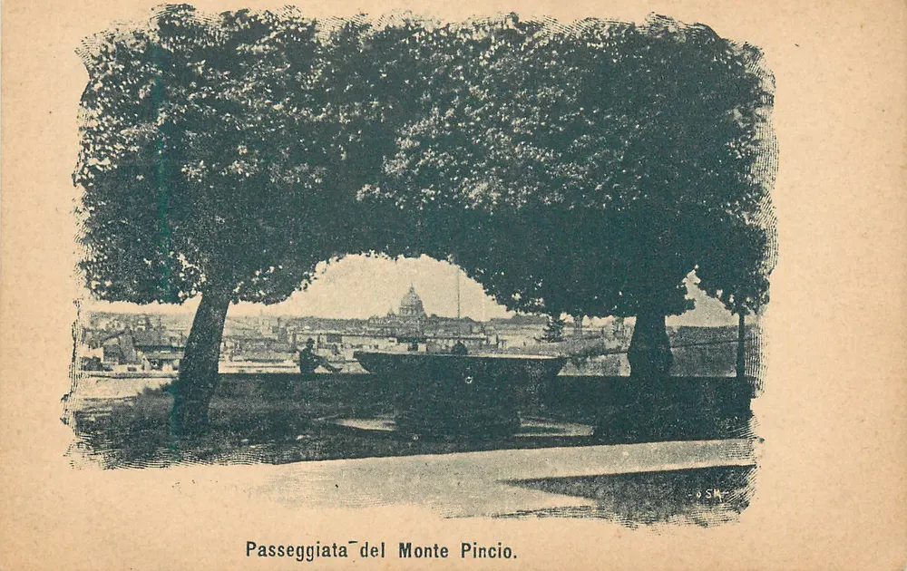 Passeggiata do Monte Pincio — vista sob as árvores com o domo de São Pedro no fundo — editor O.S.M. - Frente
