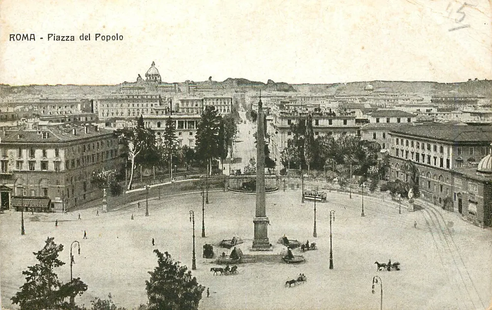 Roma - Piazza del Popolo — vue panoramique avec colonne et dôme du Vatican en arrière-plan — éditeur G.M.R. n°2102 - Frente