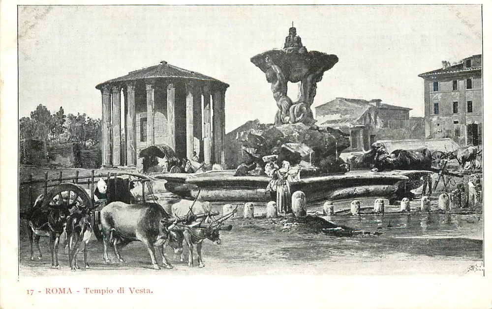 Rome - Temple of Vesta — view with fountain and ox cart — publisher not visible, series number 17 - Front
