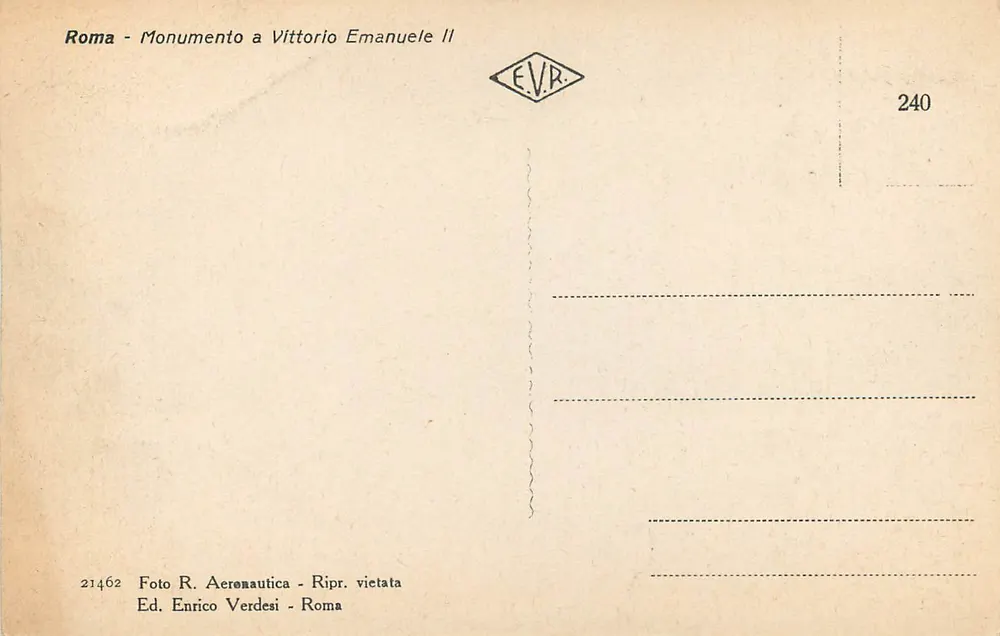 Roma - Monumento a Vittorio Emanuele II — Foto R. Aeronautica, Ed. Enrico Verdesi, n° 240 - Verso