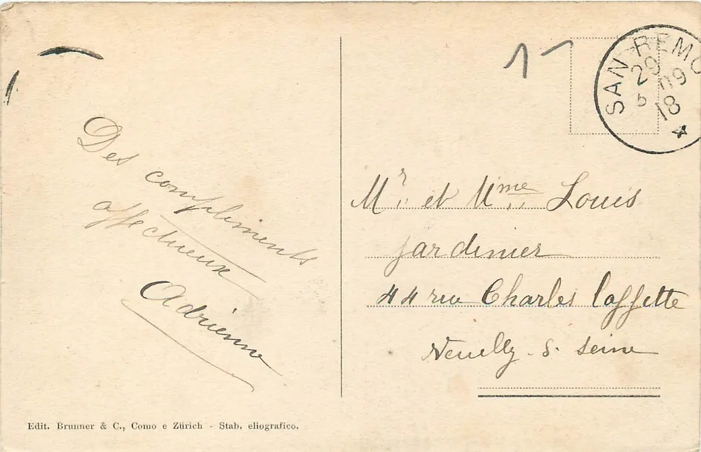 San Remo - Villa Marsaglia — panoramic view — publisher Brunner & C., n° 7178 - Back