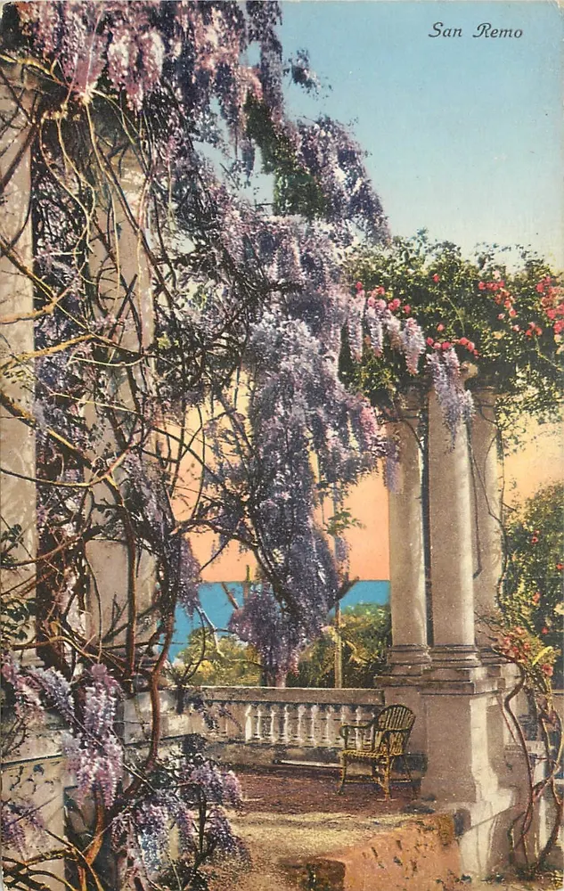 Jardim em San Remo — vista de balcão com glicínia — Edit. Brunner & C., Como, n° 702-6 - Frente
