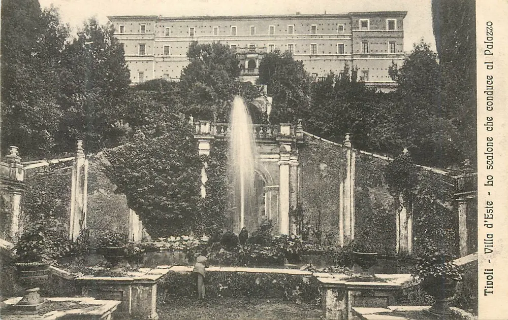 Villa d'Este in Tivoli — Ansicht des Gartens mit Fontäne — G. Garosi, Nr. 1714 - Vorderseite