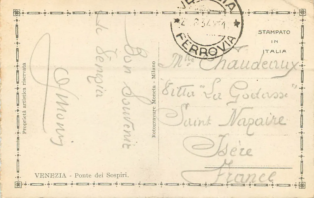 Vénétie — Ponte dei Sospiri — éditeur Rotogravure Moneta, Milan - Verso