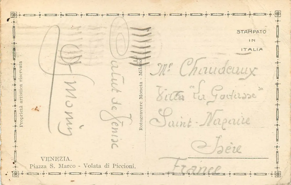 Vêneto — Piazza San Marco com voo de pombos — editor Roto gravure Moncia, Milão - Verso