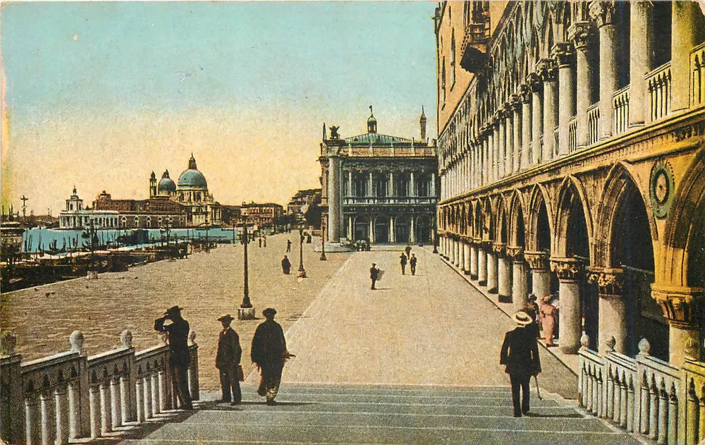 Piazza San Marco — widok z mostu Rialto — Wydawca Esare Capelli, Mediolan - Awers