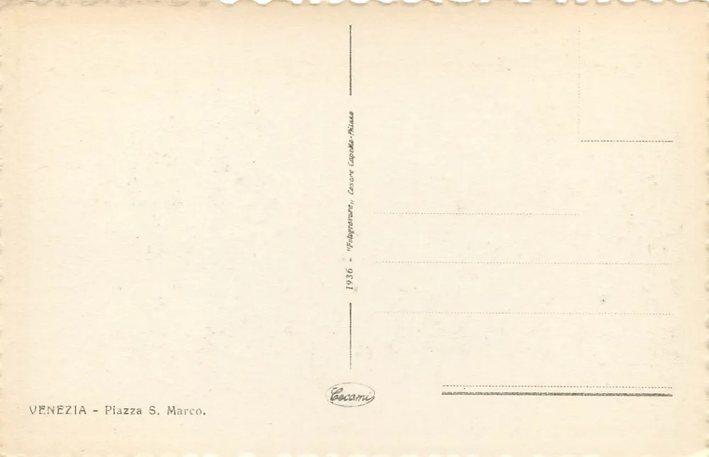 Piazza San Marco — Veneza — editor Cacanis, n° de série 1936 - Verso