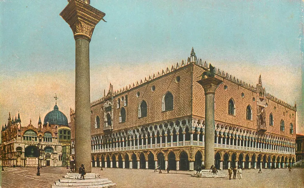 Piazza San Marco — Palazzo Ducale i kolumny — Wydawca Esare Cufello, Mediolan, n°15 - Awers