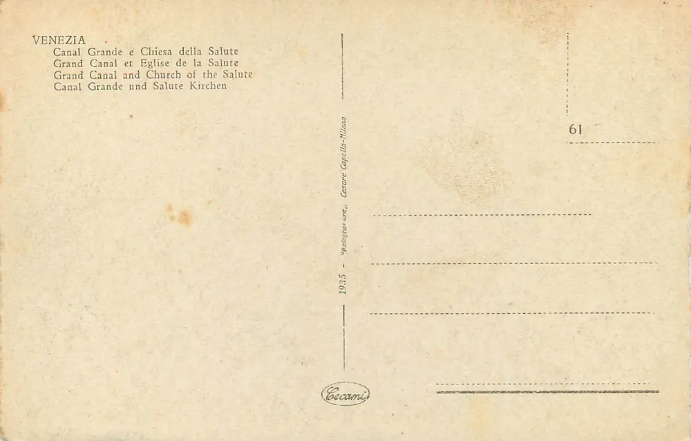Venedig — Großer Kanal und Kirche der Salute — Verlag Cecamani, Nr. 61 - Rückseite