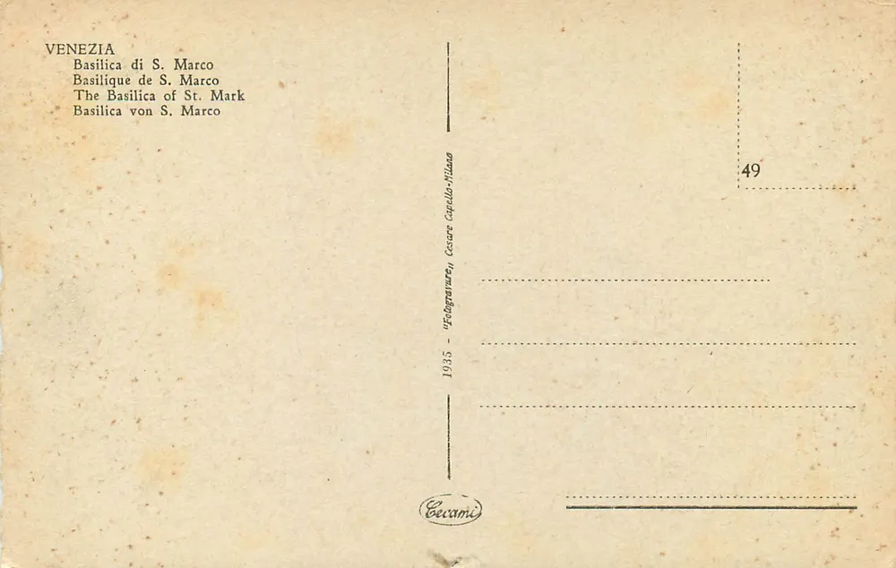 Veneza — Basílica de São Marcos — editor Cesar Capello-Nilano, n°49 - Verso