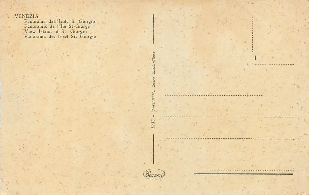 Venedig — Panoramablick von der Insel Saint-Georges — Verleger Becami, n°1 - Rückseite