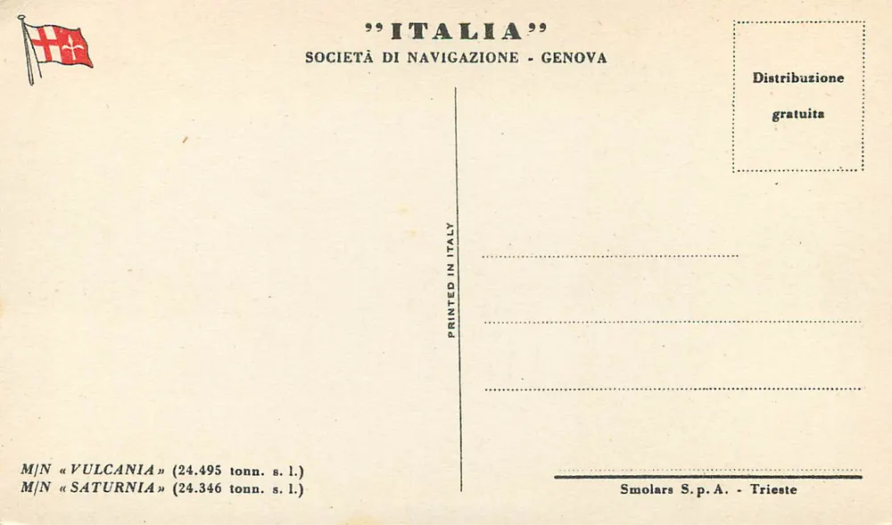 Cruiser « Saturnia » — Società di Navigazione Genova — Smolars S.p.A. Trieste - Verso