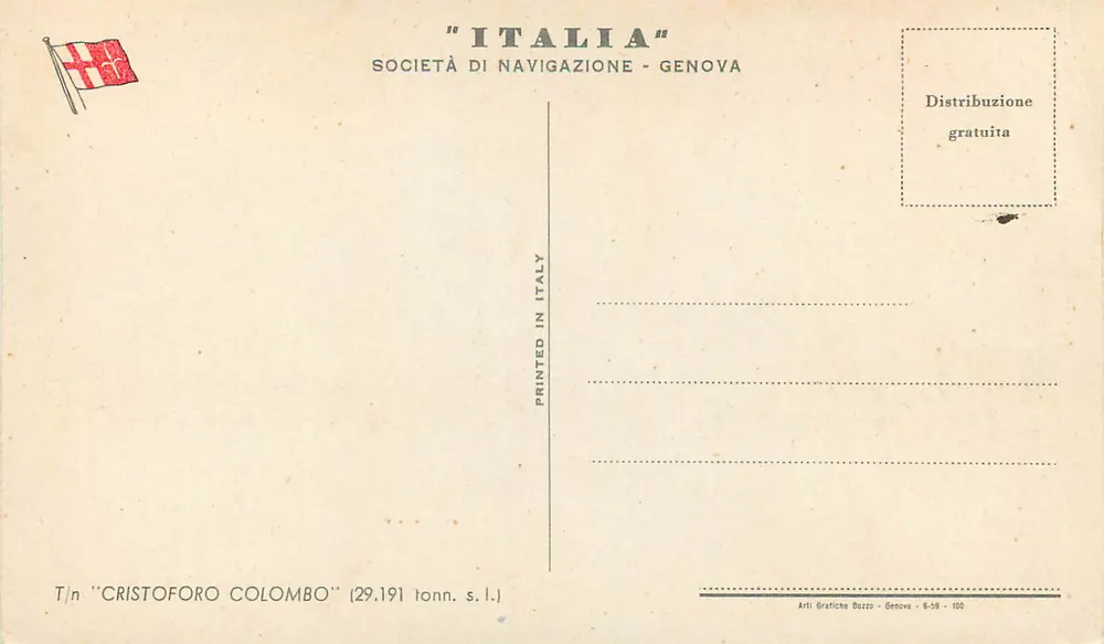 Cristoforo Colombo — statek Spółki Żeglarskiej - Genua — wydawca Arti Grafiche Bozzo - Rewers