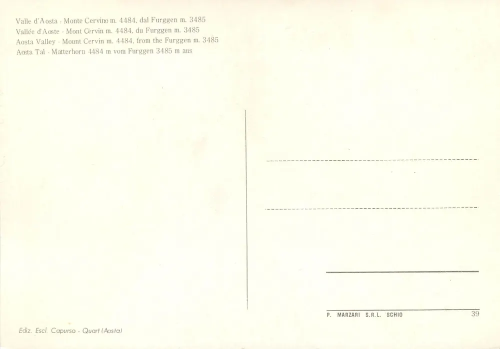 Monte Cervino — vista do Furggen — editor P. Marzari S.R.L. Schio, n° 39 - Verso